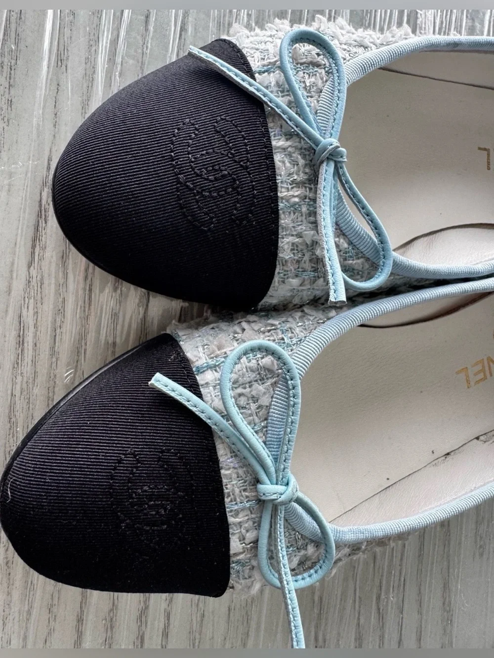 Chanel tweed ballet flats blue and white woven material with black cap toe